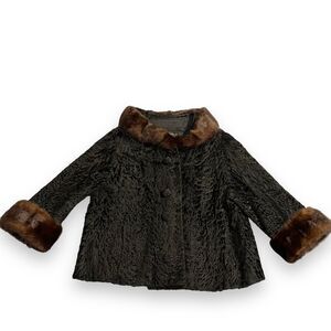 Vintage 50s MOD Persian Lamb And Brown Mink Fur Collar Short Jacket Coat Small